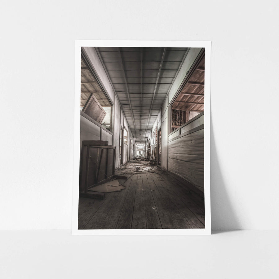 School Hall at Nichitsu Mining Village, a timber floored corridor running past the classrooms.