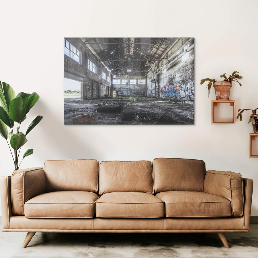 Boiler House at Peters Ice Cream Factory, the towering boiler house interior at Peters' Ice Cream Factory reveals immense, silent machinery.