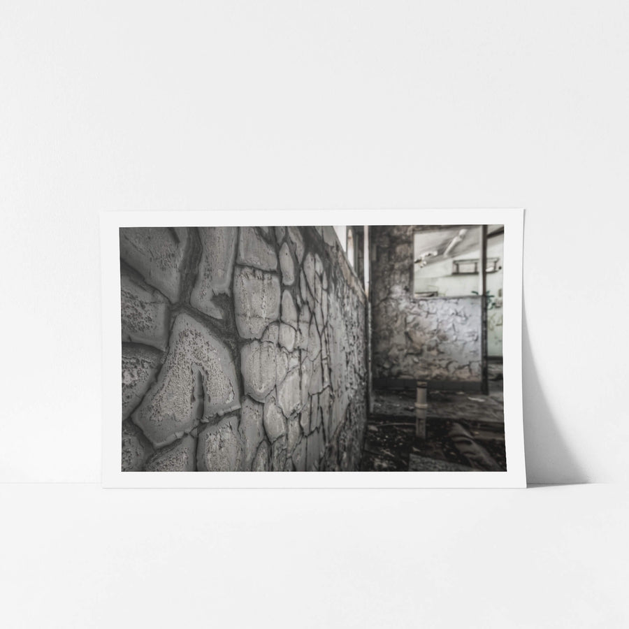 Laboratory Wall at Peters Ice Cream Factory, thick paint peels from a stone-patterned wall in deep, curling sheets.