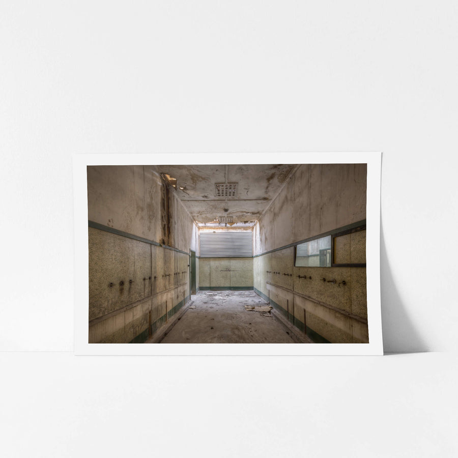 Annex Washroom at Portland Cement Works, a narrow washroom inside the Portland Cement Works annex.