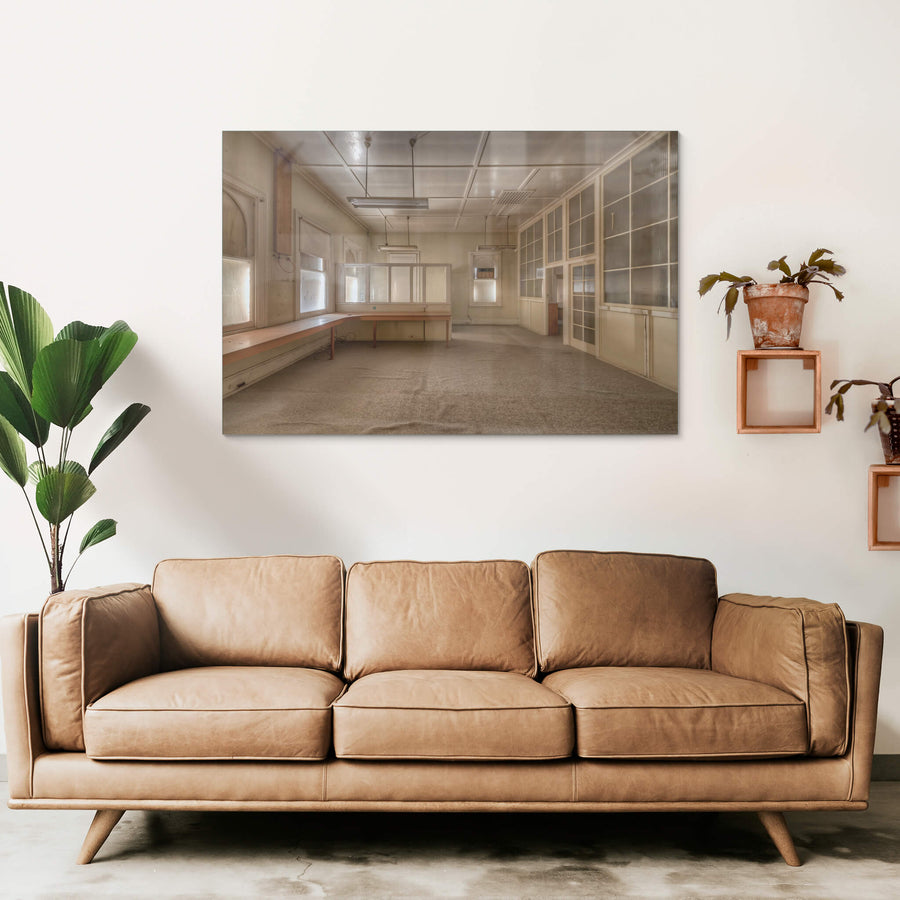 Drawing Office at Portland Cement Works, a long timber bench runs the length of the left wall, its surface bare.