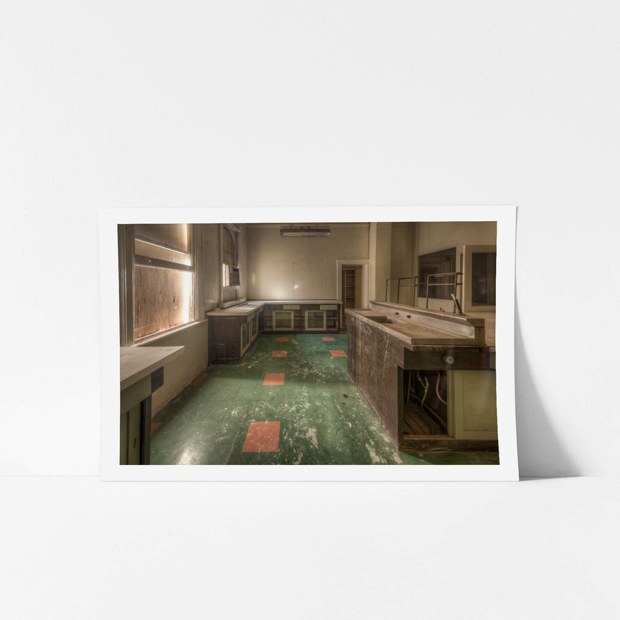 Laboratory at Portland Cement Works, green linoleum covers the laboratory floor, scuffed white in heavy traffic paths.