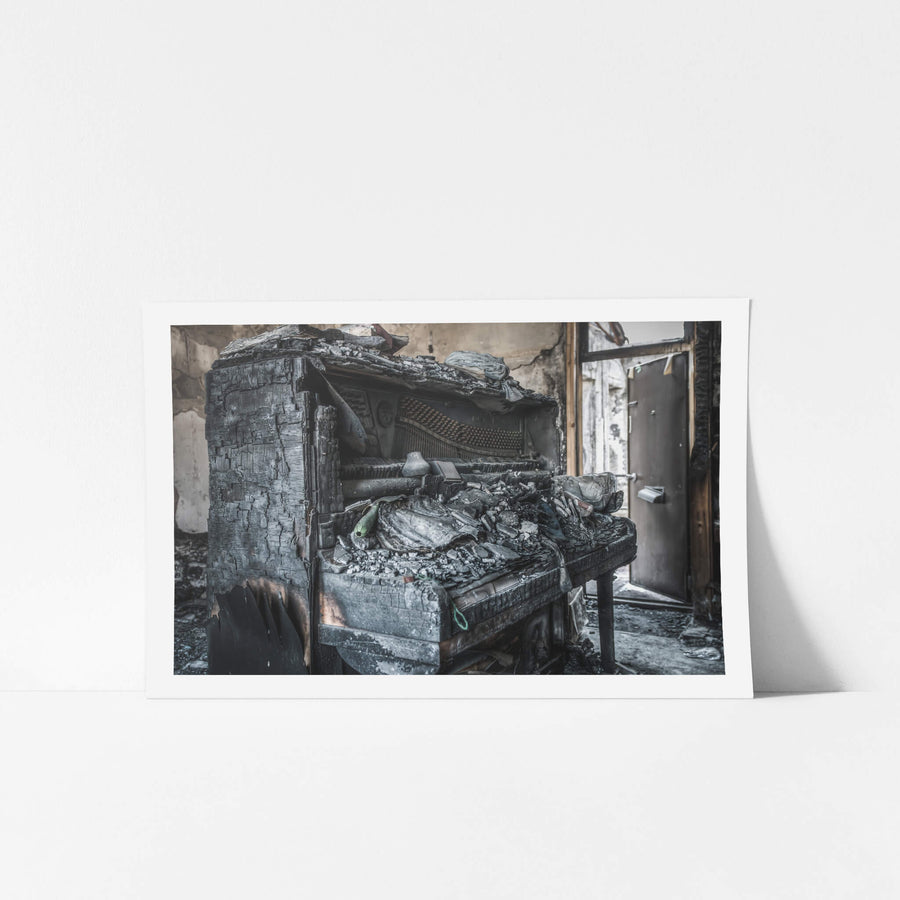 Charred Piano at Seika Dormitory, this piano was almost entirely burnt by the fire.