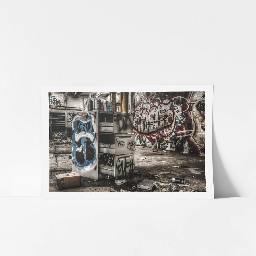 Filing Cabinet at Sundell Holden, moved to the middle of the paint shop as a bench from graffiti artists to work from.