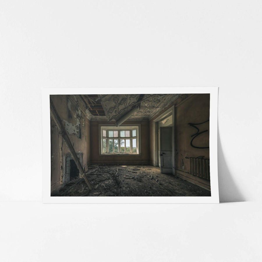 Country View at The Asylum, ornate plaster mouldings cover the ceiling, split open where sections have collapsed onto.