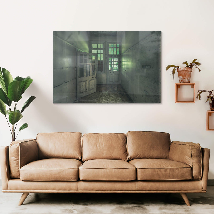 Exit at The Asylum, a narrow corridor ends at two panelled timber doors.