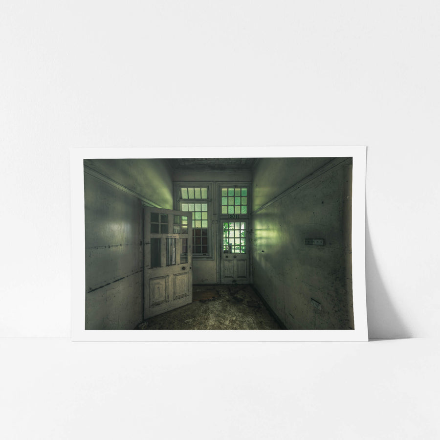 Exit at The Asylum, a narrow corridor ends at two panelled timber doors.
