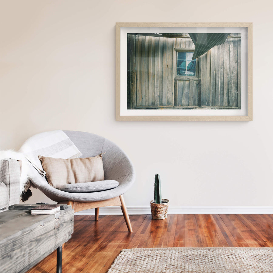 Verandah Wall at The Post Office, weathered timber boards line the corner where two walls meet at the verandah.