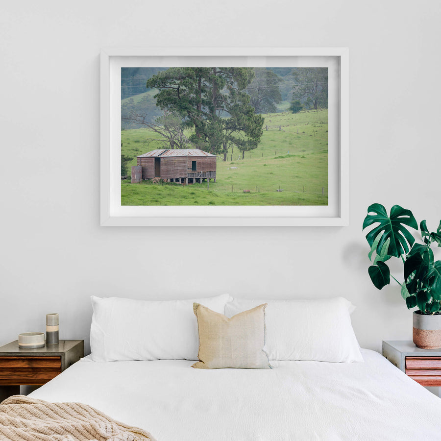 Bemboka Woolshed at The Woolshed, a weatherboard woolshed sits on low timber stumps against a slope of green pasture.