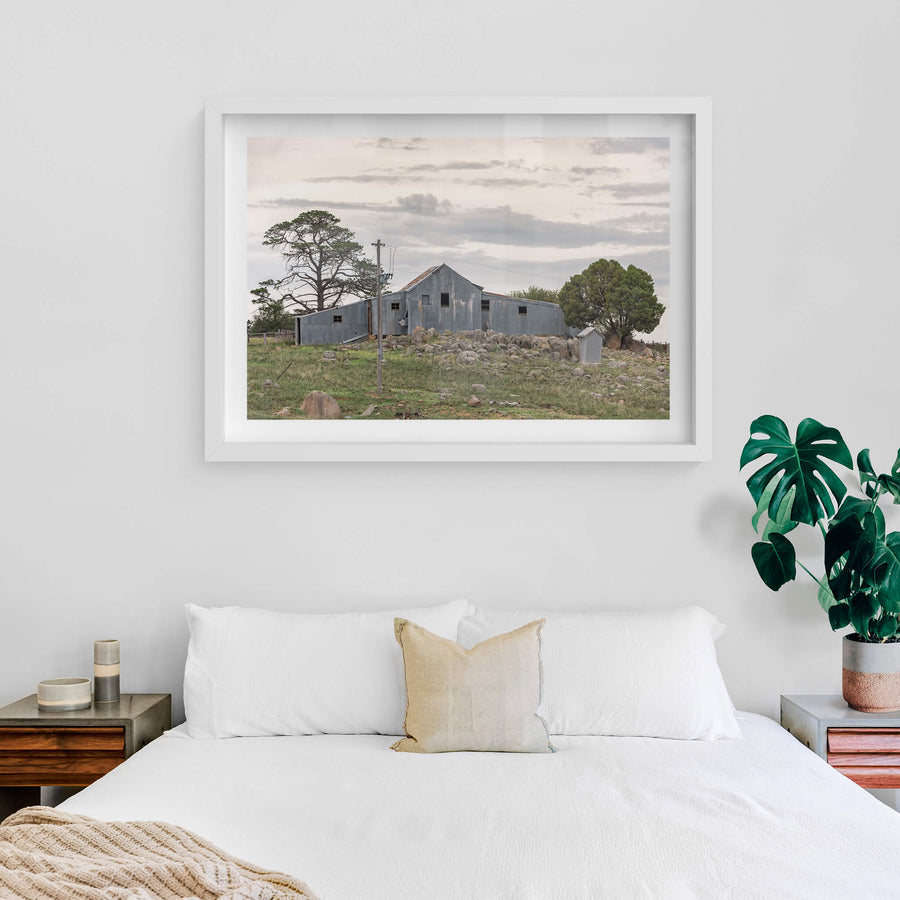 Numbla Vale Woolshed at The Woolshed, a corrugated iron woolshed perched atop a rocky crest.