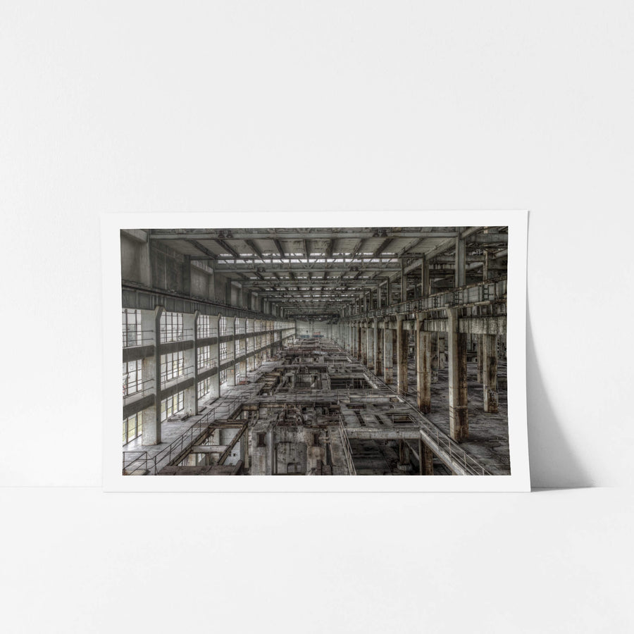 Turbine Hall Walkway at Wangi Power Station, the turbine hall stretches deep into the building, concrete columns running.