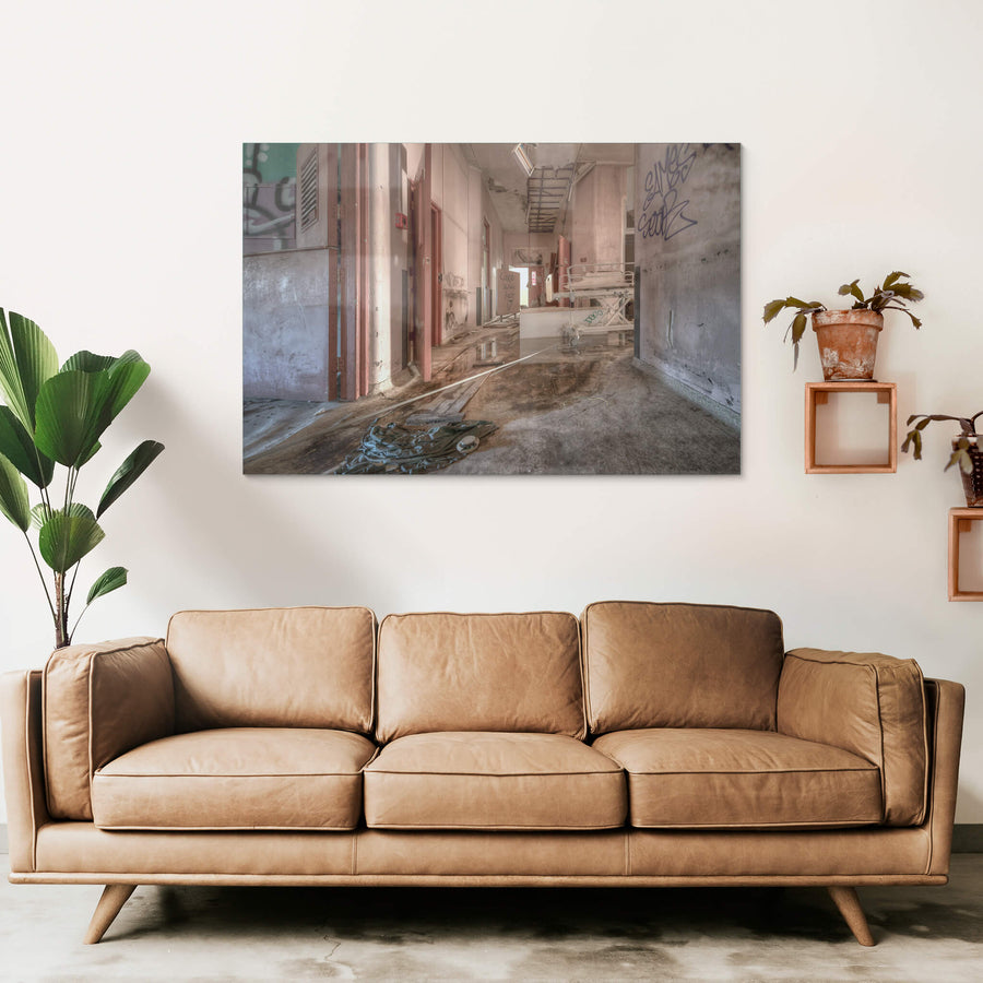 Caleb Was Here at Waterfall Sanatorium, a corridor runs deep into the ward.
