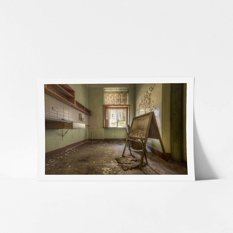 Drawing Board at Waterfall Sanatorium, a small decaying room within Waterfall Sanatorium.