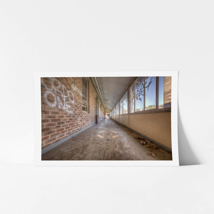 Fibro Annex at Waterfall Sanatorium, a covered walkway runs the length of a fibro and brick annex building.
