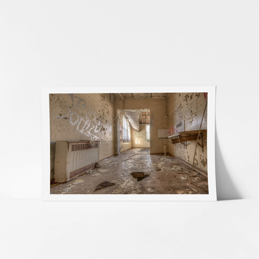 Flaky at Waterfall Sanatorium, paint curls away from every surface in thick, brittle sheets.