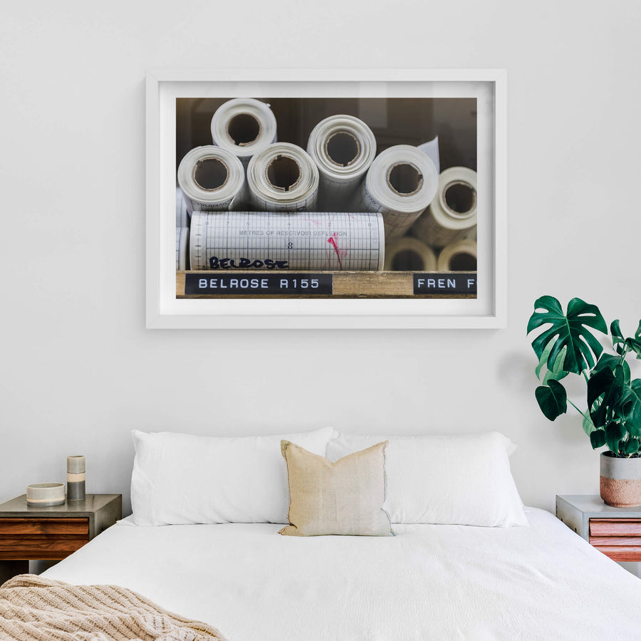 Graph Paper Close Up at West Ryde Pumping Station, white-framed print displayed in situ on a wall.