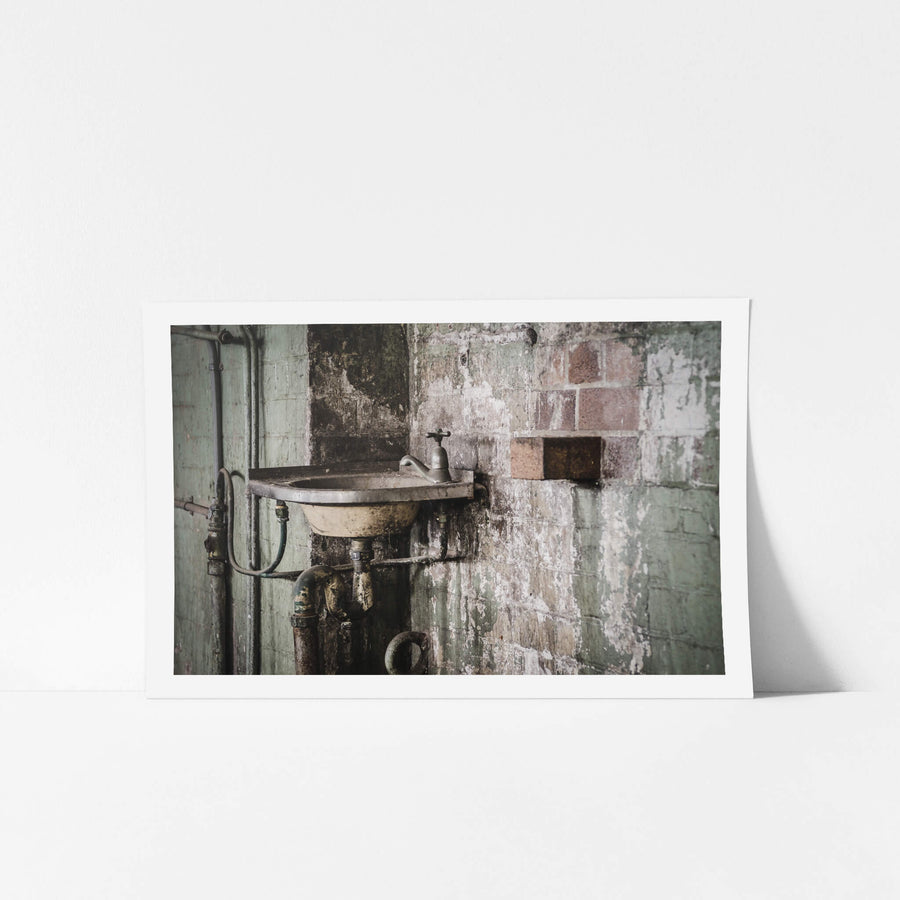 Hand Basin at West Ryde Pumping Station, an old hand basin within the boiler house, complete with a soap brick, jutting out.