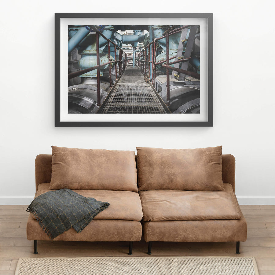 Pump Hall Basement Catwalk at West Ryde Pumping Station, black-framed print displayed in situ on a wall.