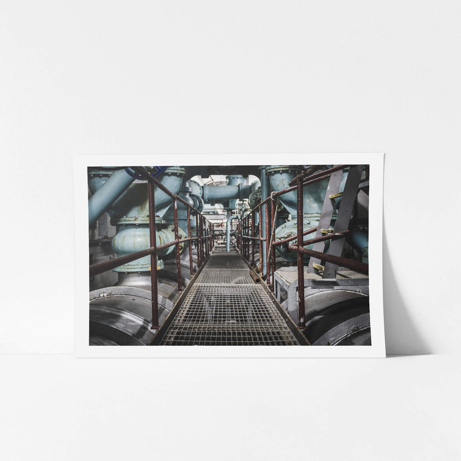 Pump Hall Basement Catwalk at West Ryde Pumping Station, unframed print displayed in situ on a wall.