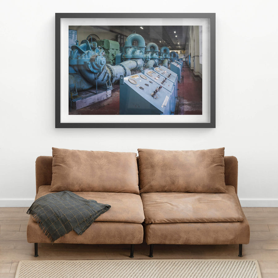 Pump Hall Facing North at West Ryde Pumping Station, black-framed print displayed in situ on a wall.
