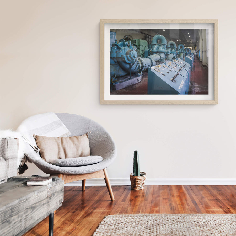 Pump Hall Facing North at West Ryde Pumping Station, raw timber-framed print displayed in situ on a wall.