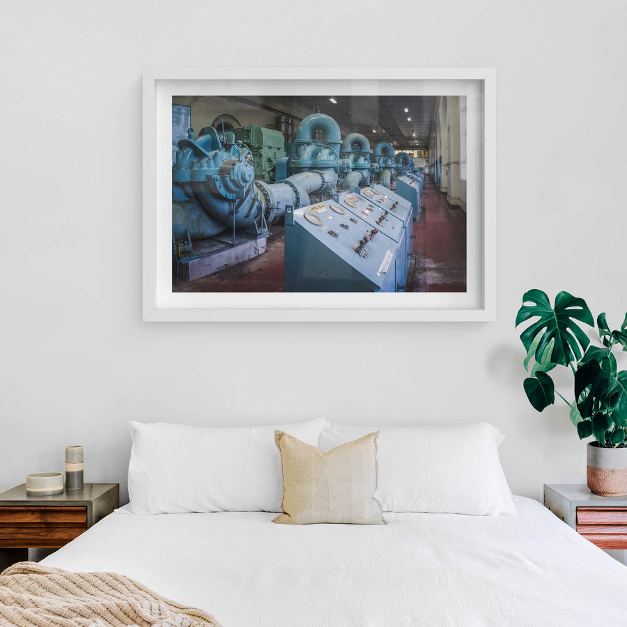 Pump Hall Facing North at West Ryde Pumping Station, white-framed print displayed in situ on a wall.