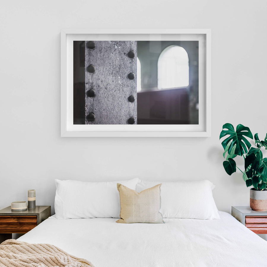 Rivets at West Ryde Pumping Station, white-framed print displayed in situ on a wall.