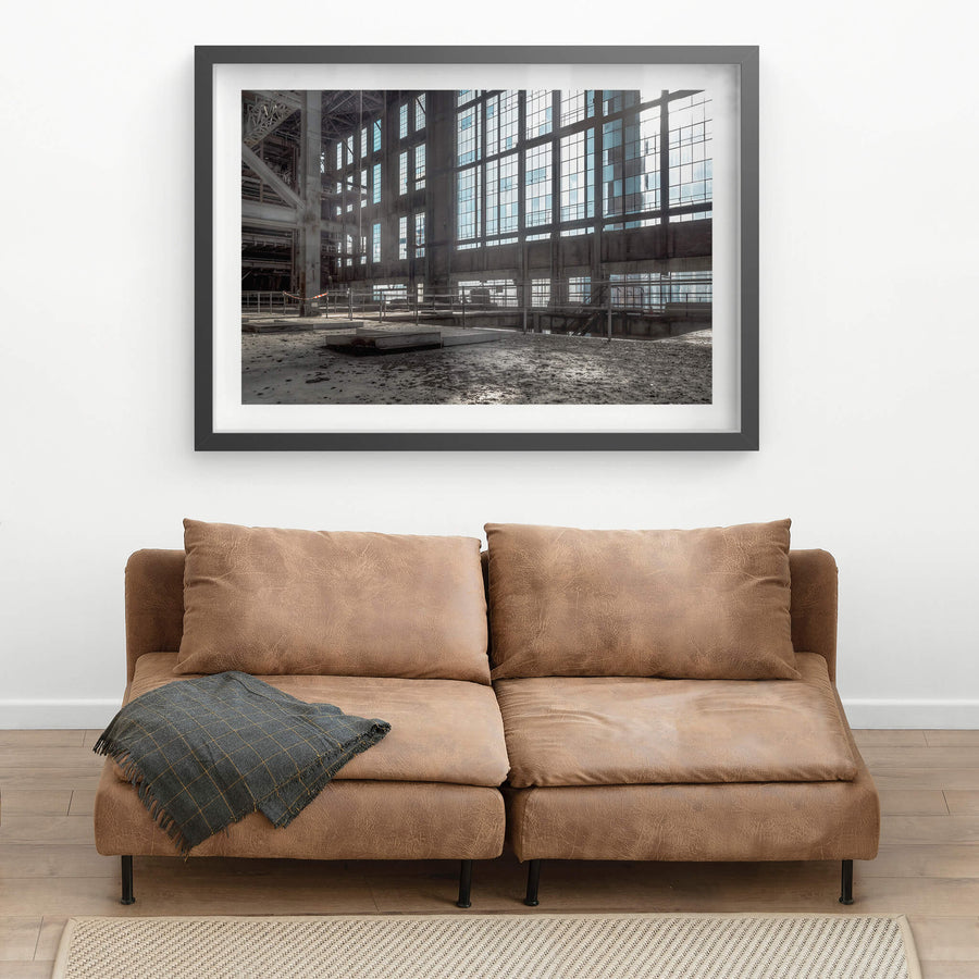 Boiler House at White Bay Power Station, light floods through a wall of steel-framed windows three storeys high.