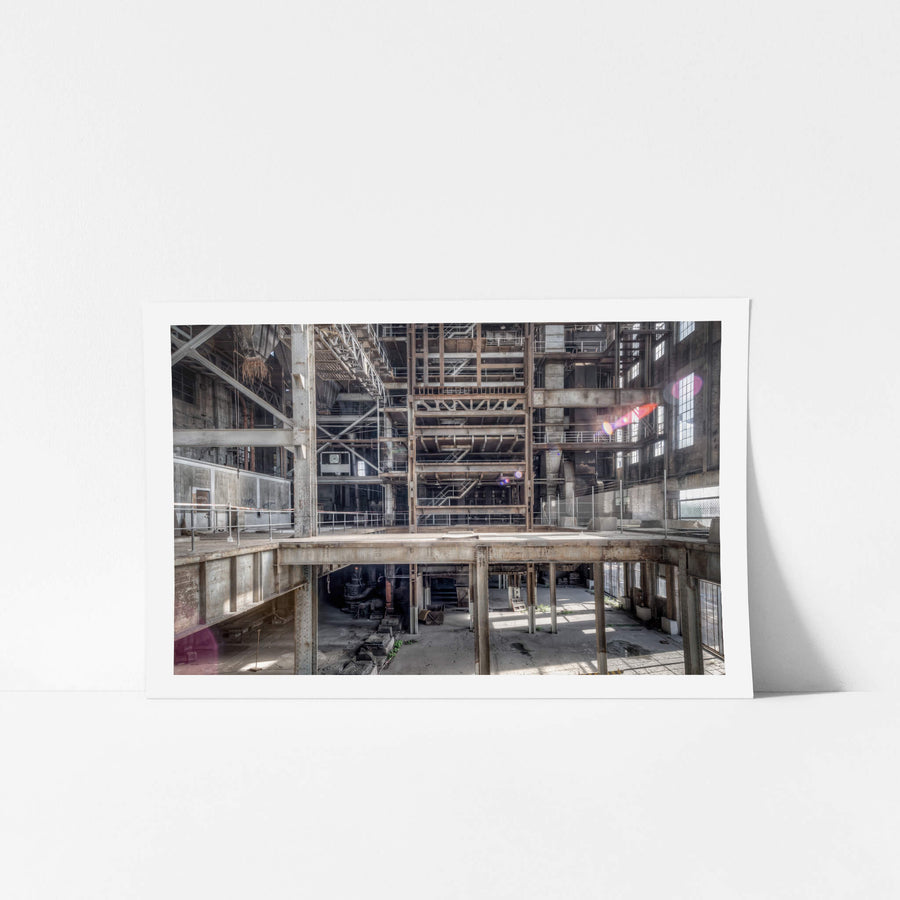 Boiler House Operator Level at White Bay Power Station, a towering expanse of rusted steel, staircases, and platforms.