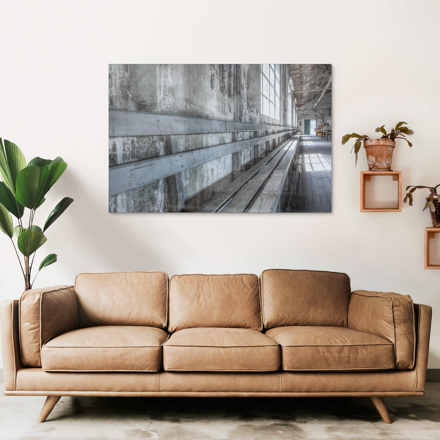 Entertainment Hall Seating at White Bay Power Station, the long wooden bench stretches the length of the hall,.