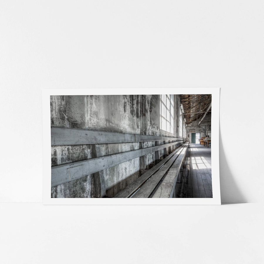 Entertainment Hall Seating at White Bay Power Station, the long wooden bench stretches the length of the hall,.