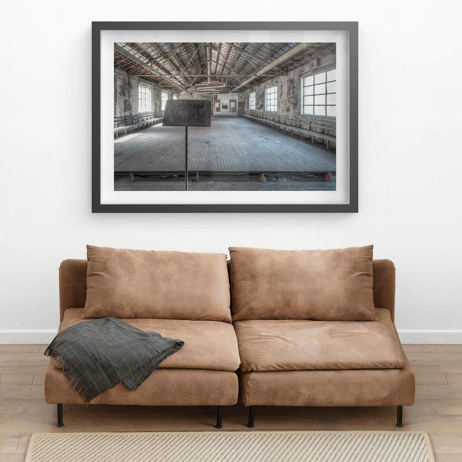 Entertainment Hall Stage at White Bay Power Station, a raised timber stage fills the centre of the hall, its floorboards.