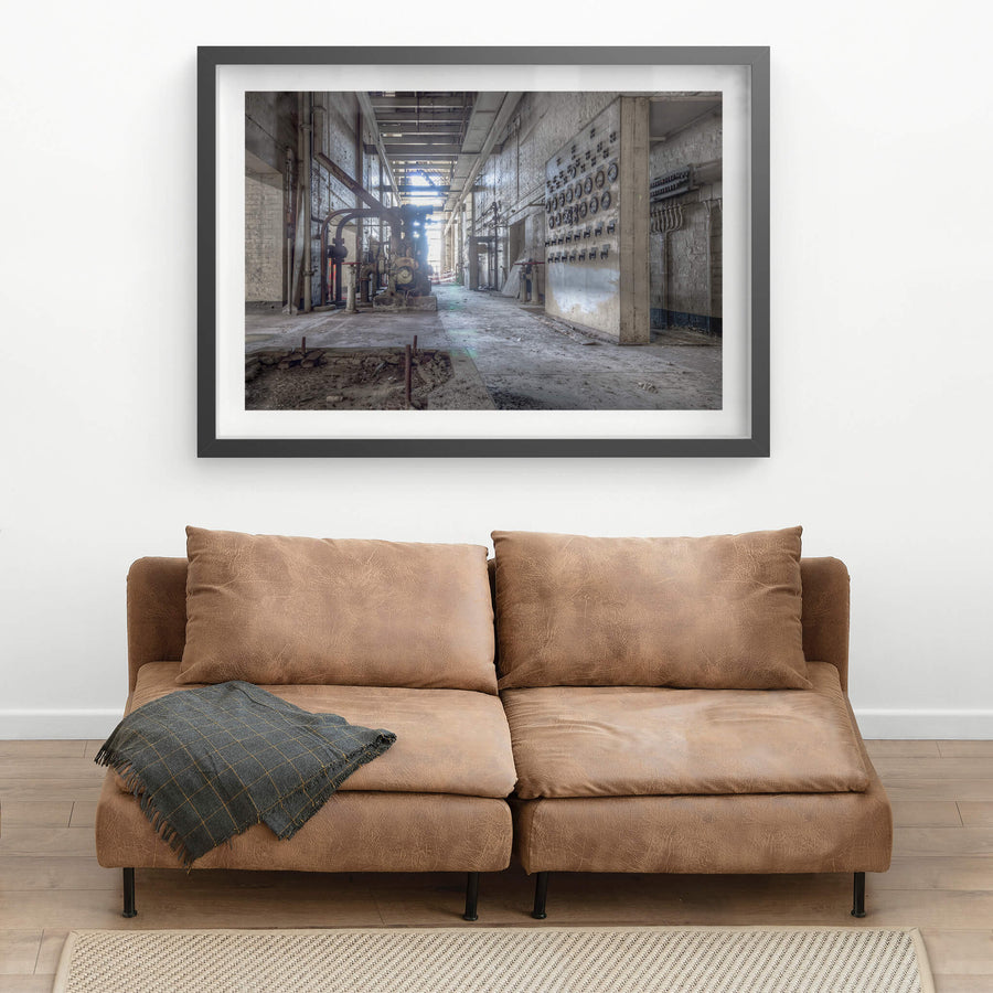 Pump House at White Bay Power Station, a long corridor runs between painted brick walls inside White Bay Power Station's.