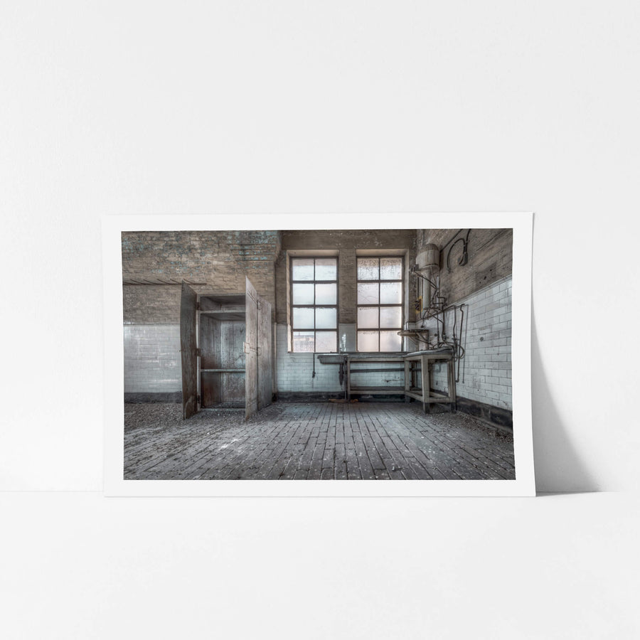 Testing Room at White Bay Power Station, white glazed tiles line the walls to shoulder height.