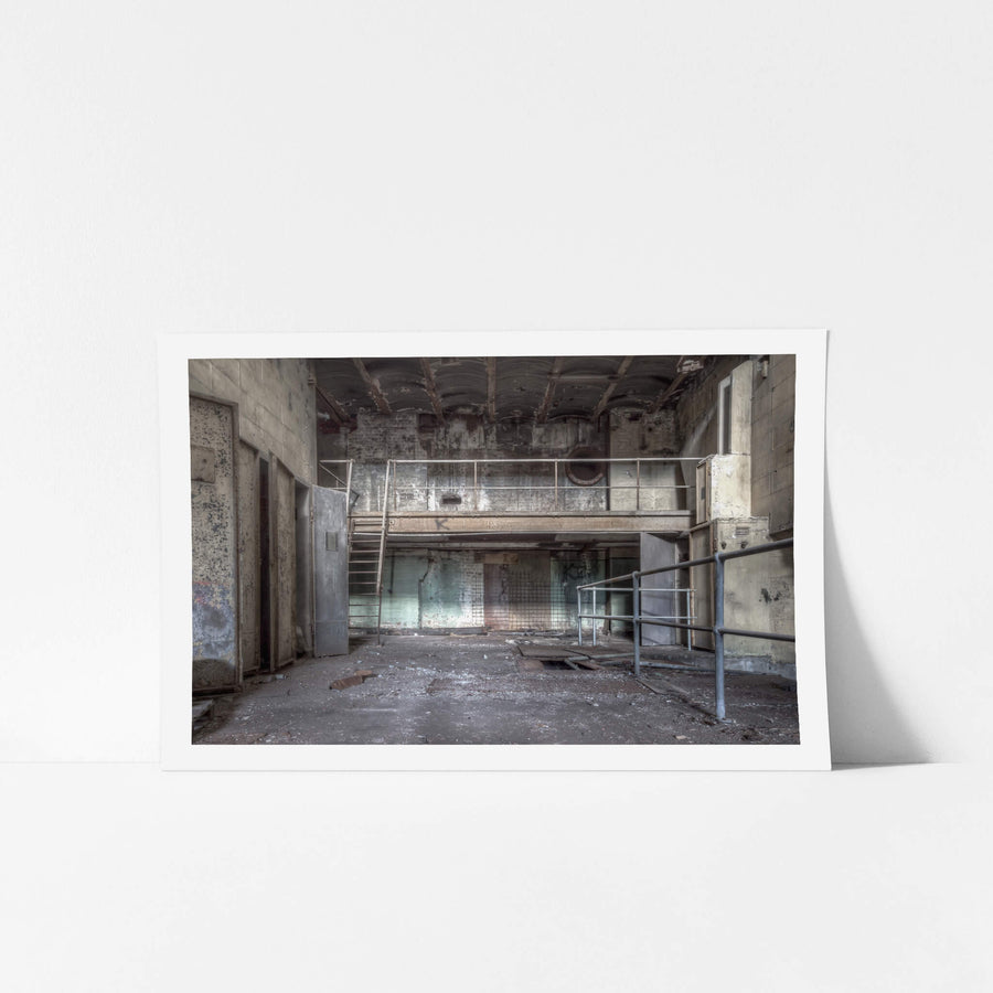 Turbine Hall Basement Storage at White Bay Power Station, a steel mezzanine walkway spans the rear wall, reached.