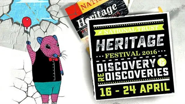 Poster for the 2016 National Trust Heritage Festival, 16 to 24 April, beside a wall stencil of a rat in a waistcoat holding a red balloon.