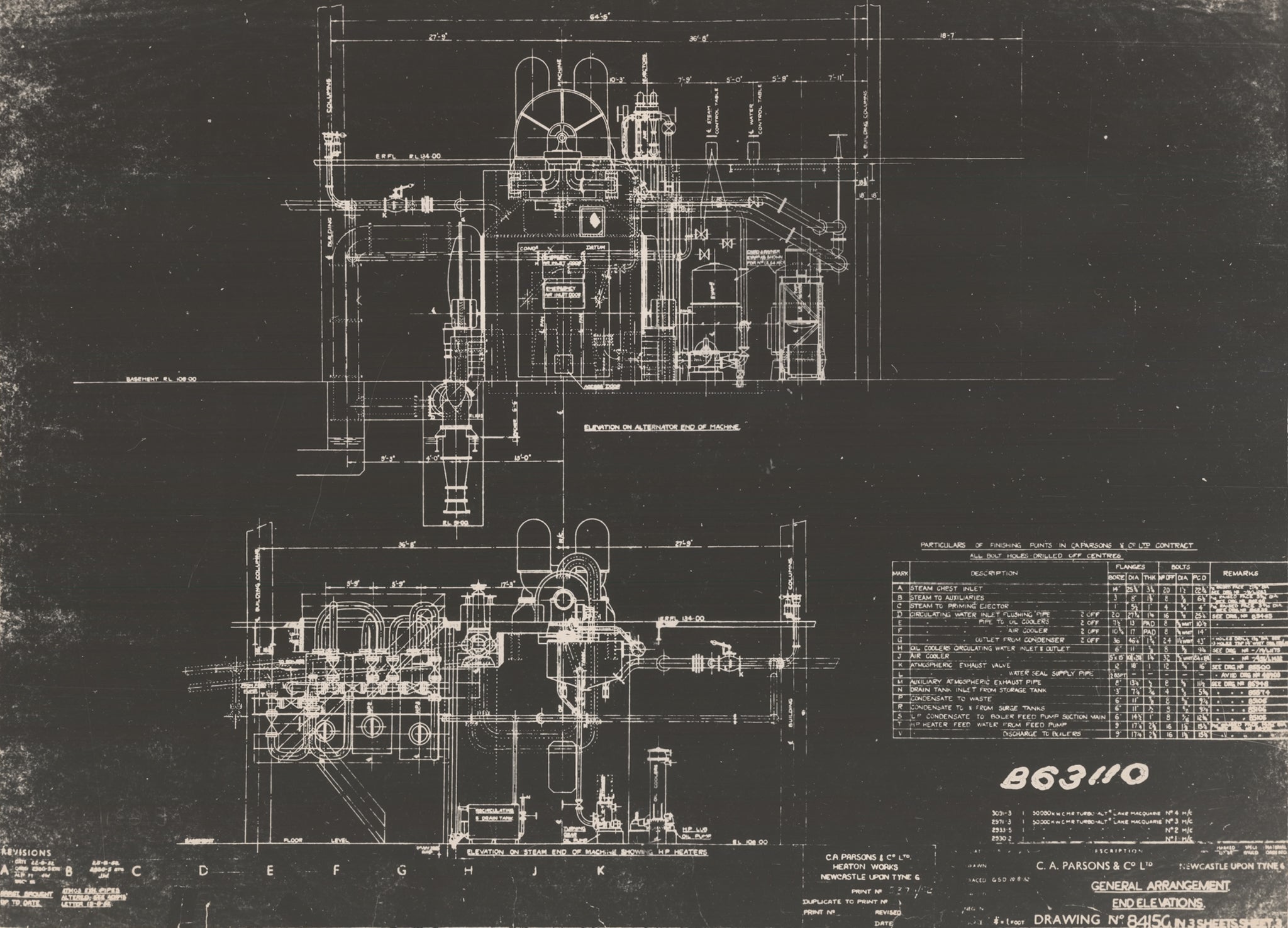A C.A. Parsons and Company engineering drawing of the Wangi Power Station turbine, general arrangement and end elevations.