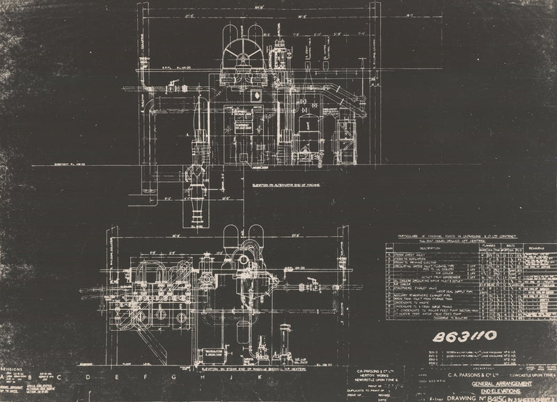A C.A. Parsons and Company engineering drawing of the Wangi Power Station turbine, general arrangement and end elevations.