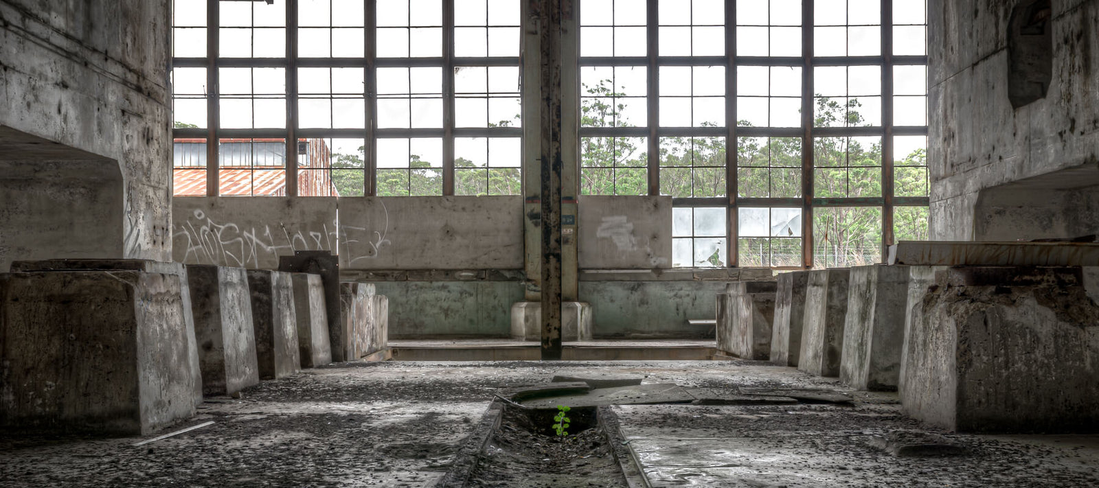 Interior of the abandoned Wangi Power Station, featuring decaying concrete structures, graffiti, and large industrial windows overlooking greenery. The remnants of the site capture its industrial history and state of dereliction.