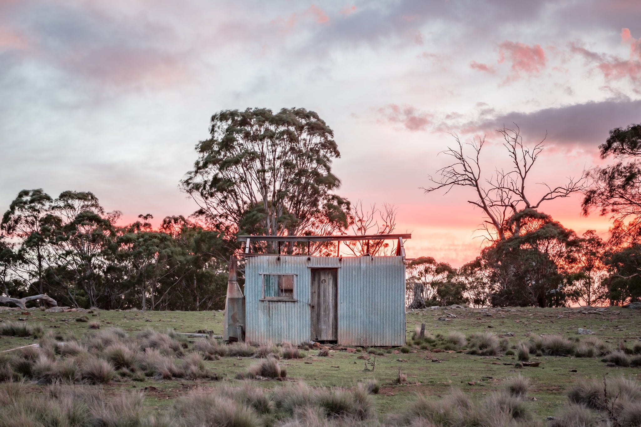 Gunningrah Drover's Hut at A Place to Call Home, corrugated iron walls, faded to pale blue-grey, hold together.