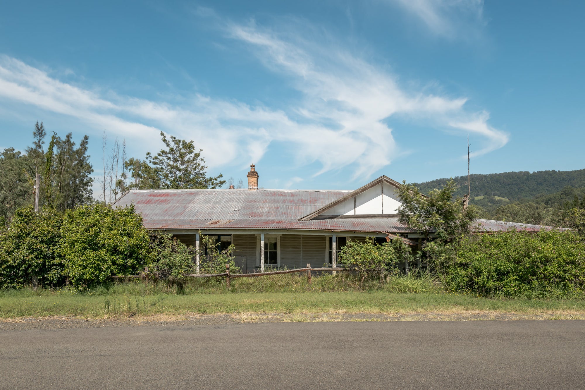 Hunter Hiding at A Place to Call Home, a weatherboard farmhouse sits back from the road edge, half-swallowed by dense green.