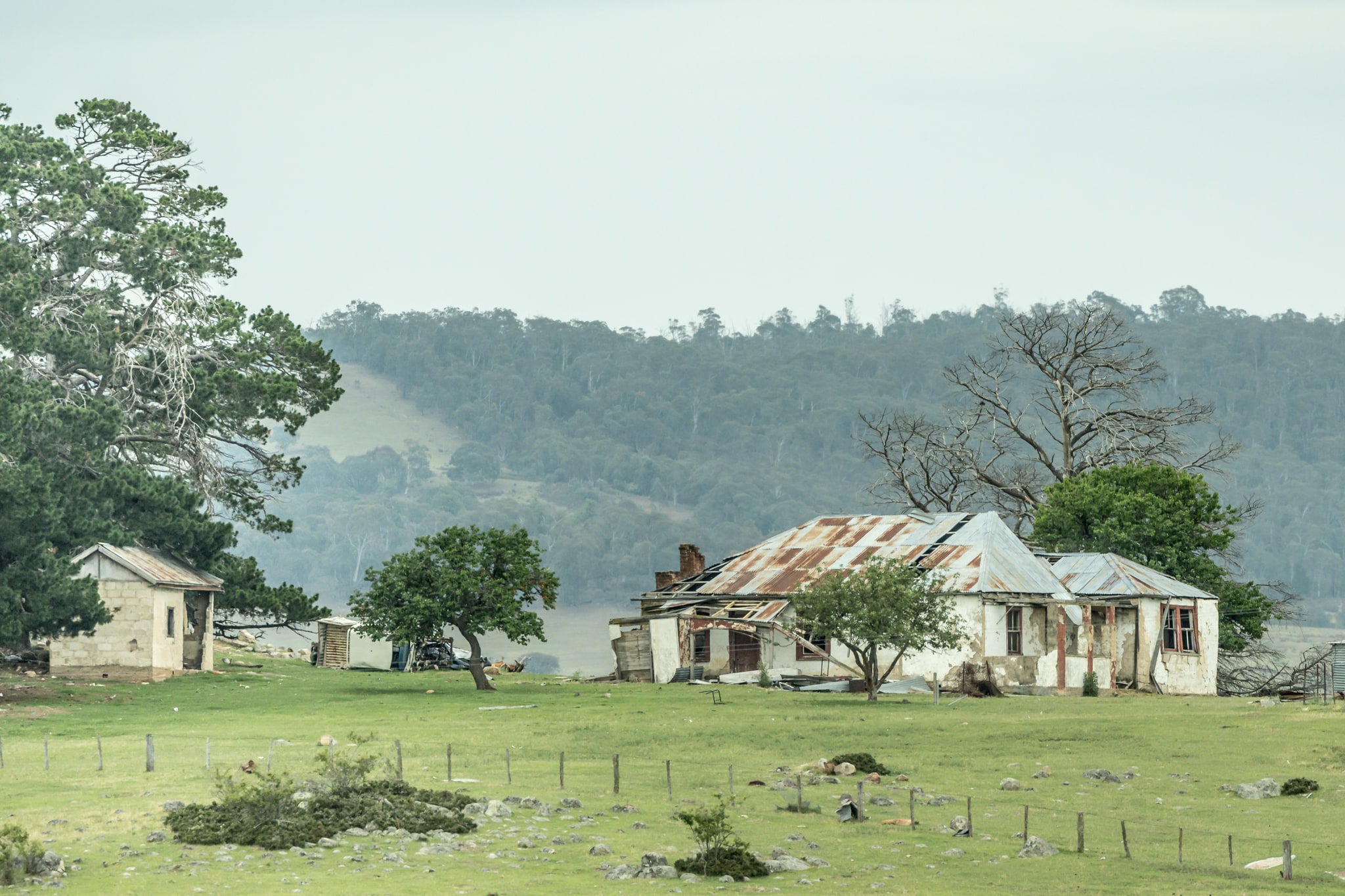 Jimenbuen Ruins at A Place to Call Home, a derelict farmhouse sits on open green pasture near Jimenbuen in rural New South.