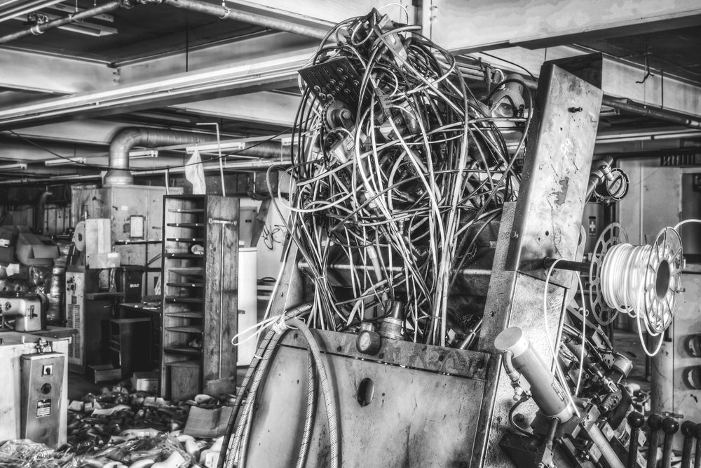 Vacuum Sealer Hoses at Abandoned Shoe Factory, an air operated machine with a mess of hoses going everywhere.