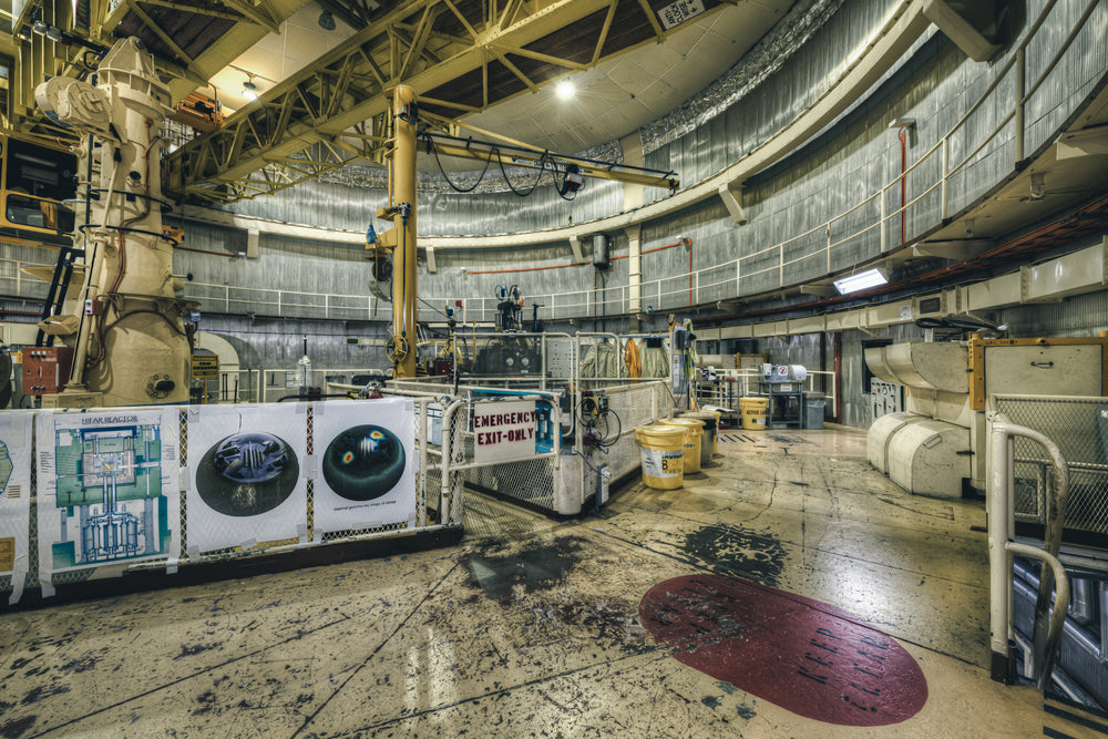 Top Plate Viewing Platform at ANSTO HIFAR, the reactor hall at HIFAR curves upward in a wide concrete drum.
