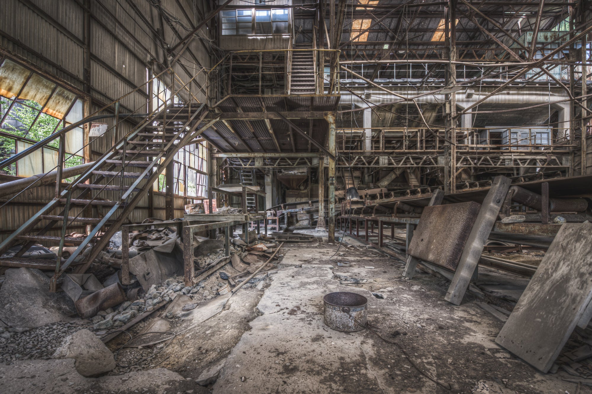 Top Of The Works at Ashio Copper Mine, steel staircases climb through two levels of the processing hall.