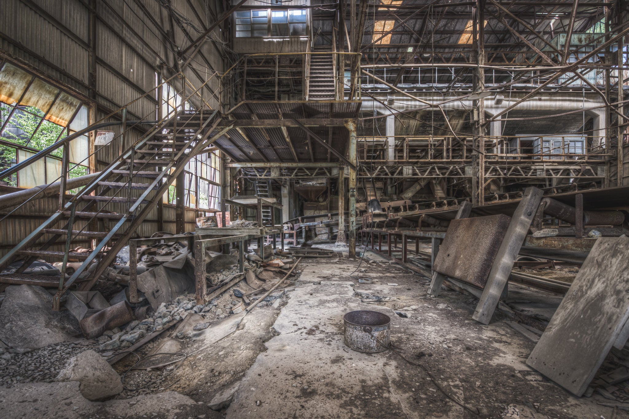 Top Of The Works at Ashio Copper Mine, steel staircases climb through two levels of the processing hall.
