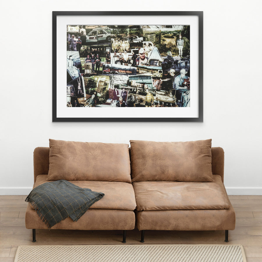 A wall collage of photographs from Awaba Colliery showing workers in hard hats, a white NSW Mine station wagon, group shots at the pit, and a red semi-trailer carrying heavy equipment.