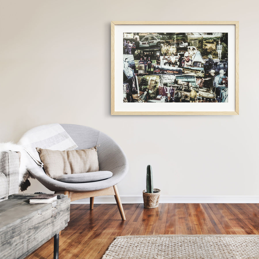 A wall collage of photographs from Awaba Colliery showing workers in hard hats, a white NSW Mine station wagon, group shots at the pit, and a red semi-trailer carrying heavy equipment.