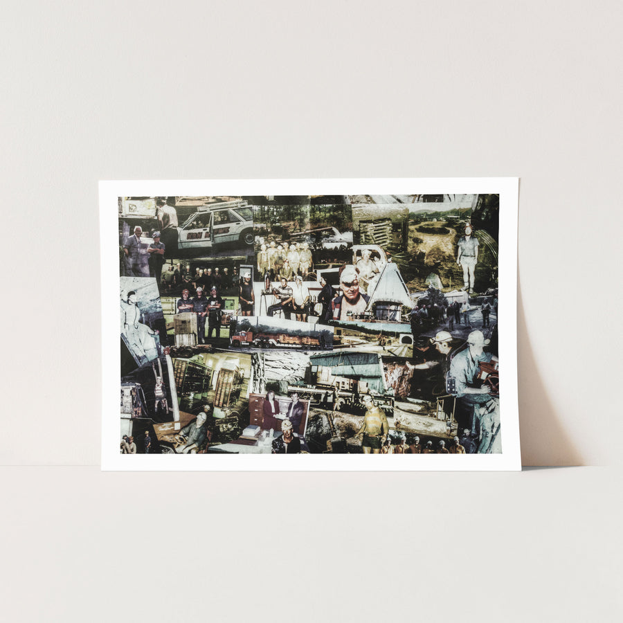 A wall collage of photographs from Awaba Colliery showing workers in hard hats, a white NSW Mine station wagon, group shots at the pit, and a red semi-trailer carrying heavy equipment.