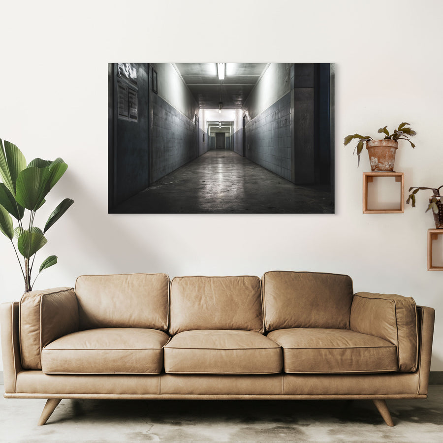A narrow corridor at Awaba Colliery with fluorescent lights still burning along the ceiling, light-grey tiled walls, a concrete floor, and a closed door at the far end.